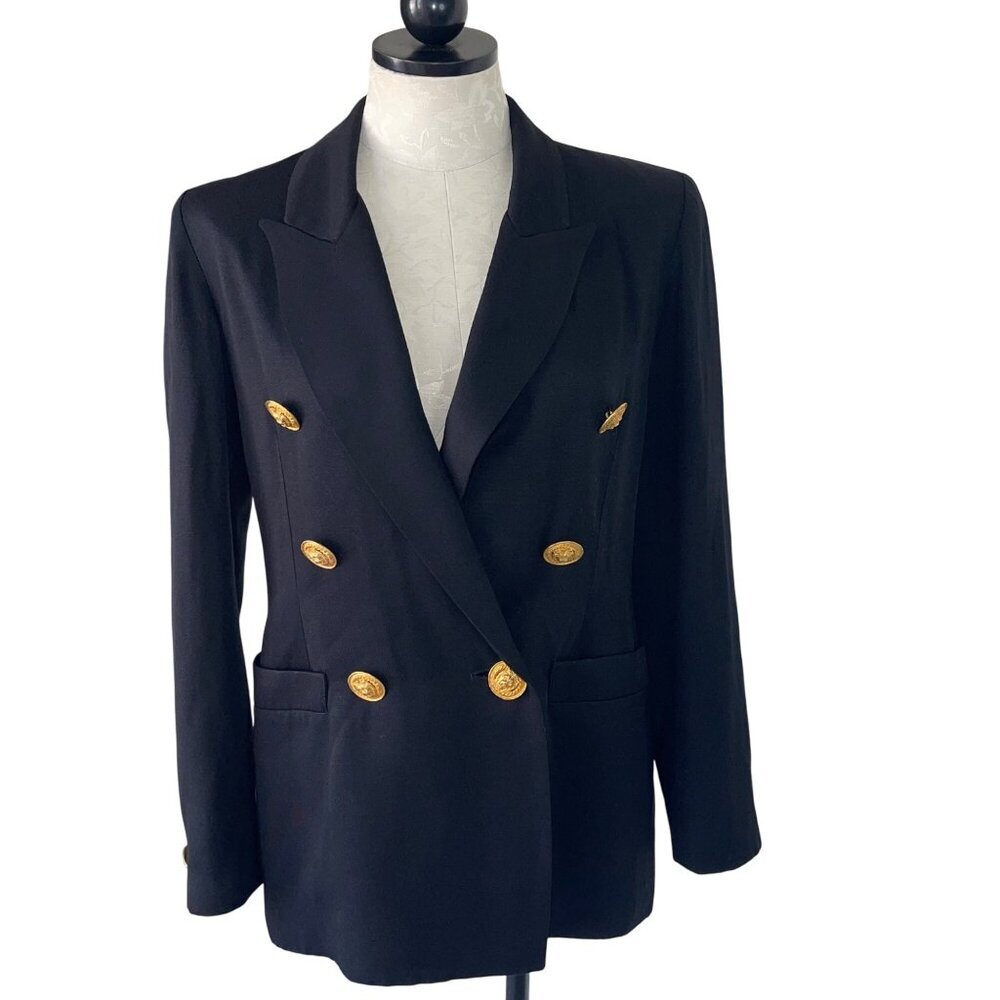 Lillie Rubin Vintage Womens Blazer Size 8 Blue Lion Button Pockets Casual
